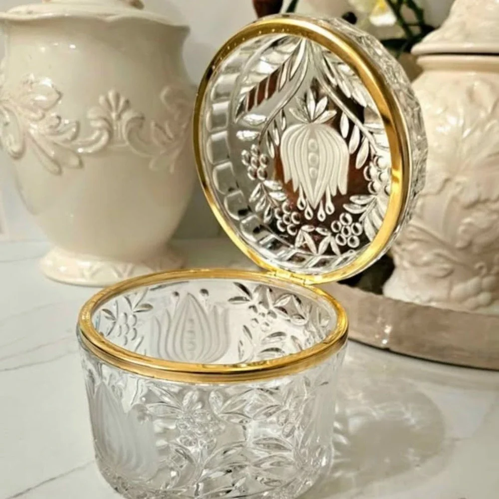 Vintage French Cut Crystal Hinged Jewelry Box Brass Trim /Floral Etched Design